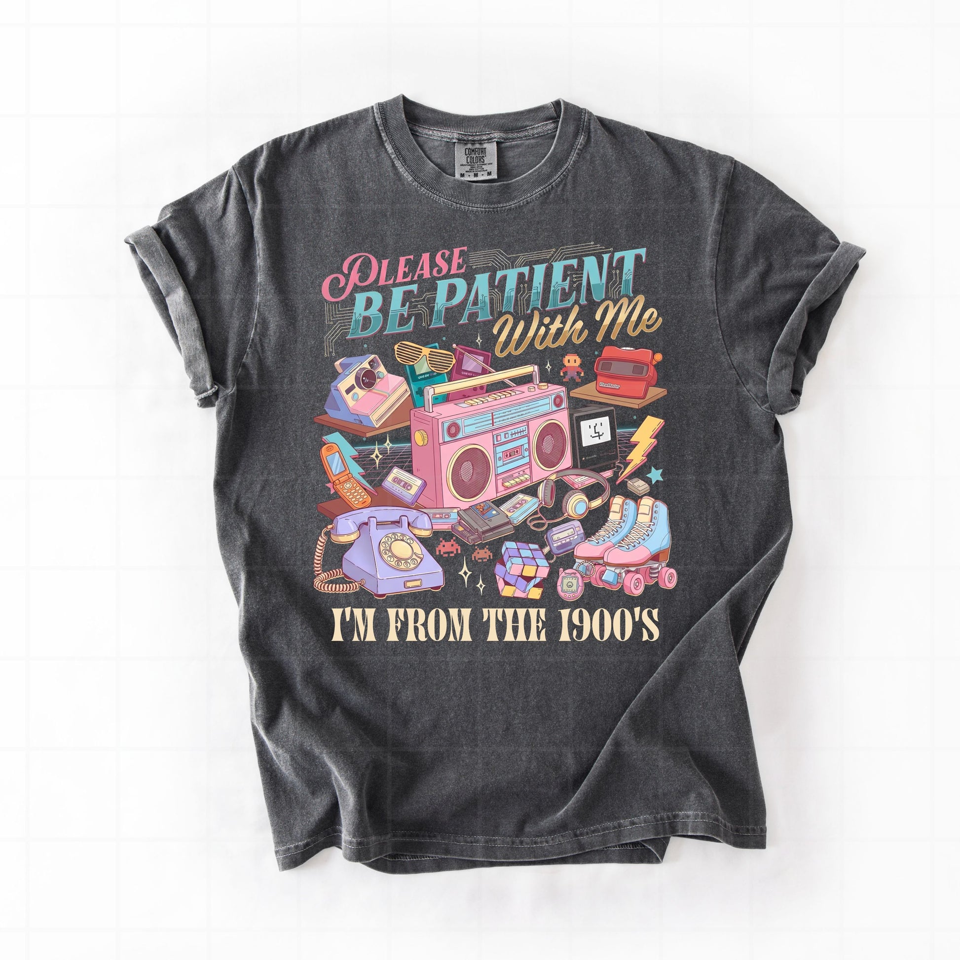 Black t-shirt with 1990s-themed graphic and text on a white background