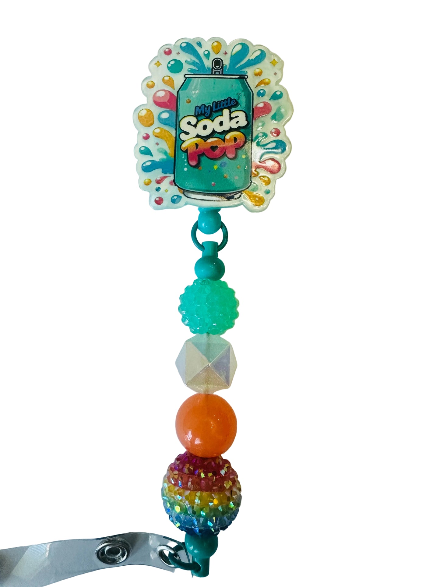 Colorful keychain with decorative beads and a 'My Little Soda Pop' can design on a white background.