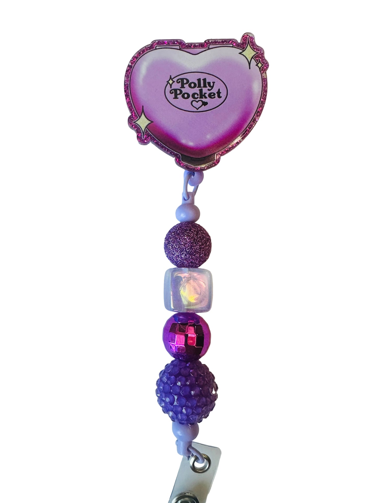 Purple heart-shaped badge holder with beads on a white background