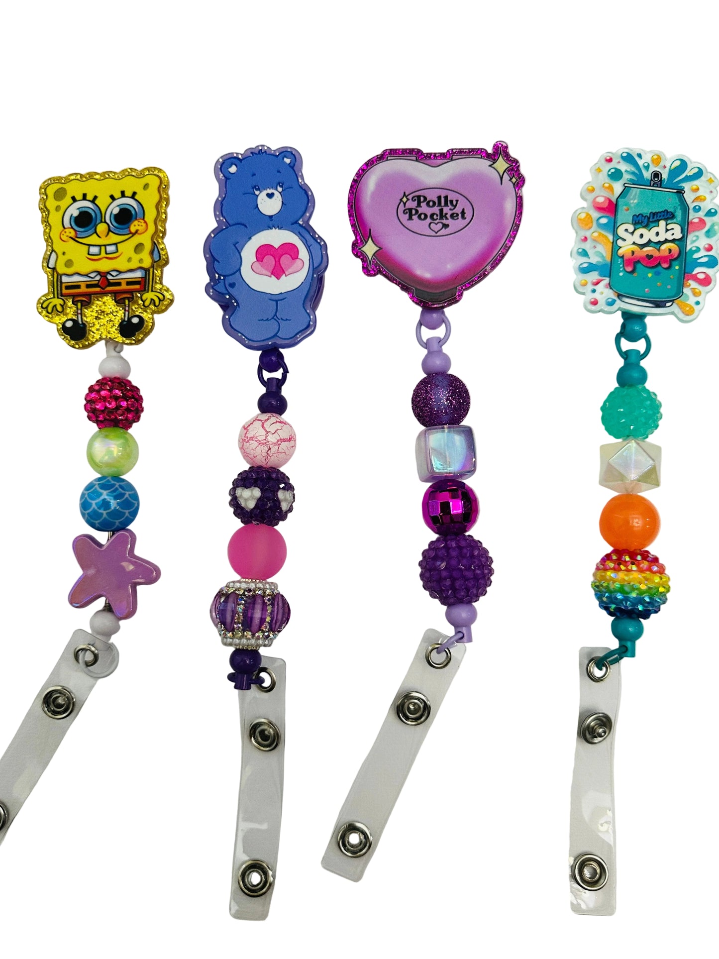 Four colorful badge holders with cartoon characters on a white background