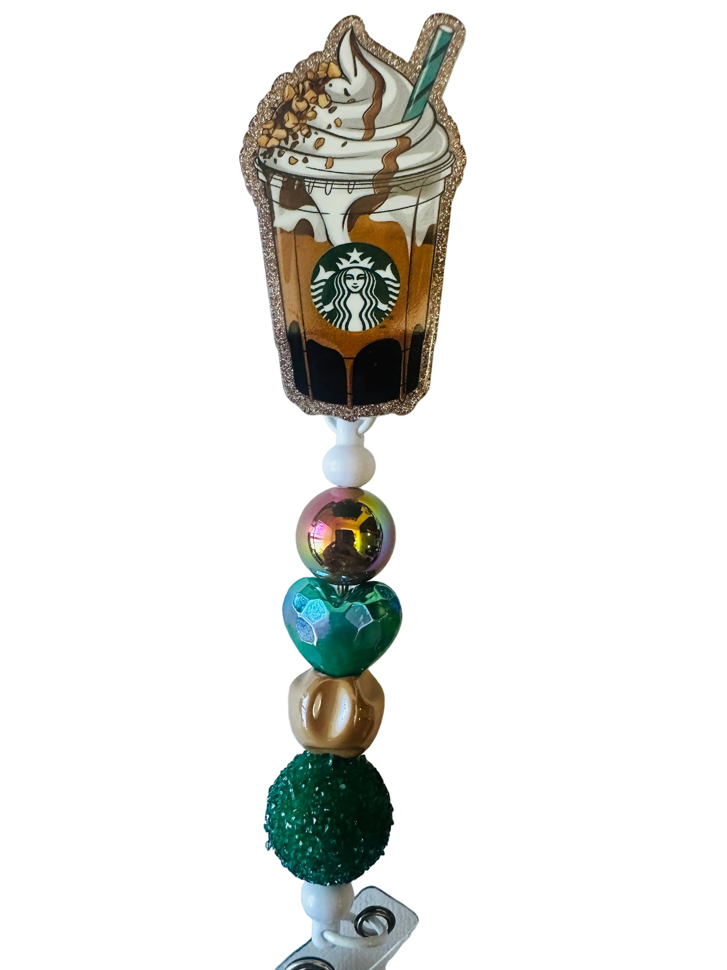 Starbucks-themed keychain with beads on a light background